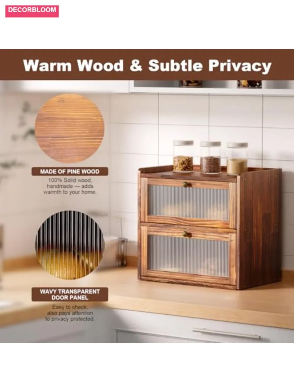 Wooden Bread Box with Acrylic Window 2 Layer Farmhouse Storage